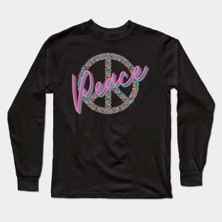 Peace Sign Word Art Flowers Pink Teal Hippie Retro Vintage Long Sleeve T-Shirt